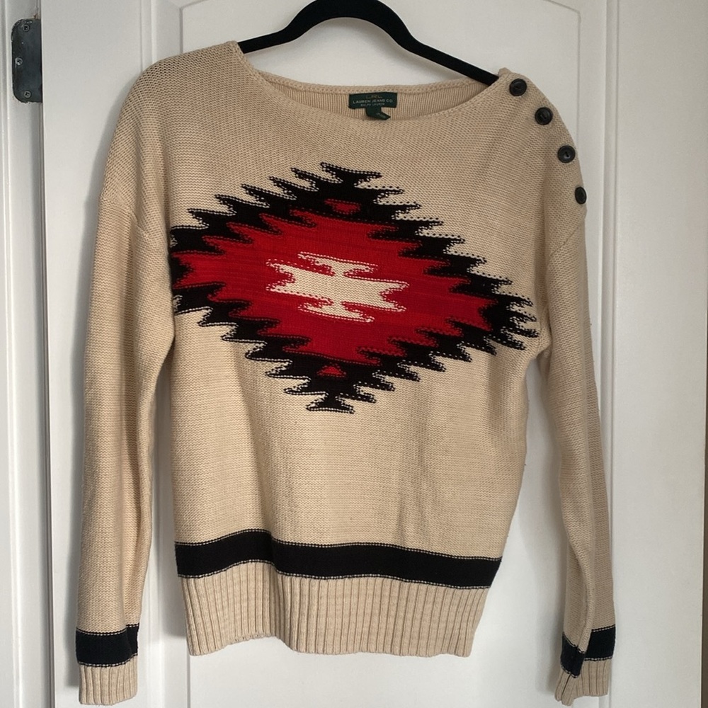 LRL Lauren Jeans Co. Aztec Southwestern Print Lightweight Sweater Button Medium